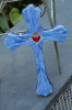 Mosaic Blue stained glass with red heart wood Cross